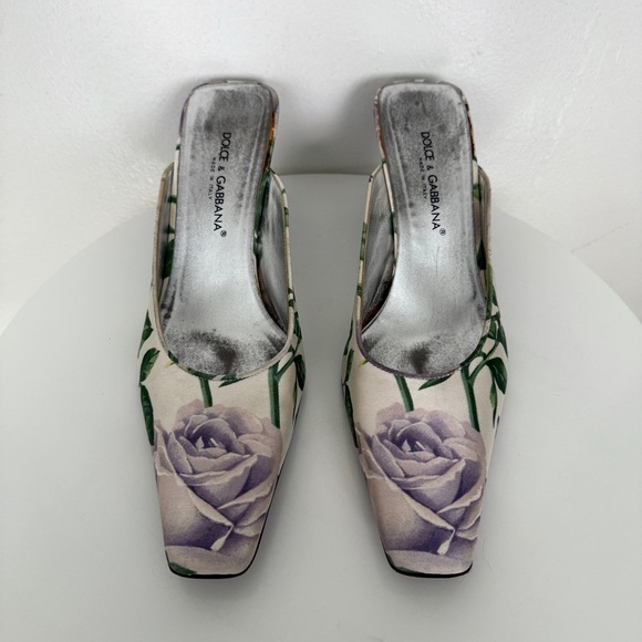 Dolce Gabbana Rose Floral Satin Vintage Kitten Heels Mules Y2k - Picture 2 of 8